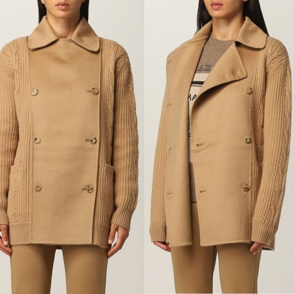 Max Mara Rumena Double Breasted Cashmere Cable Knit Coat Camel Large - Picture 2 of 12